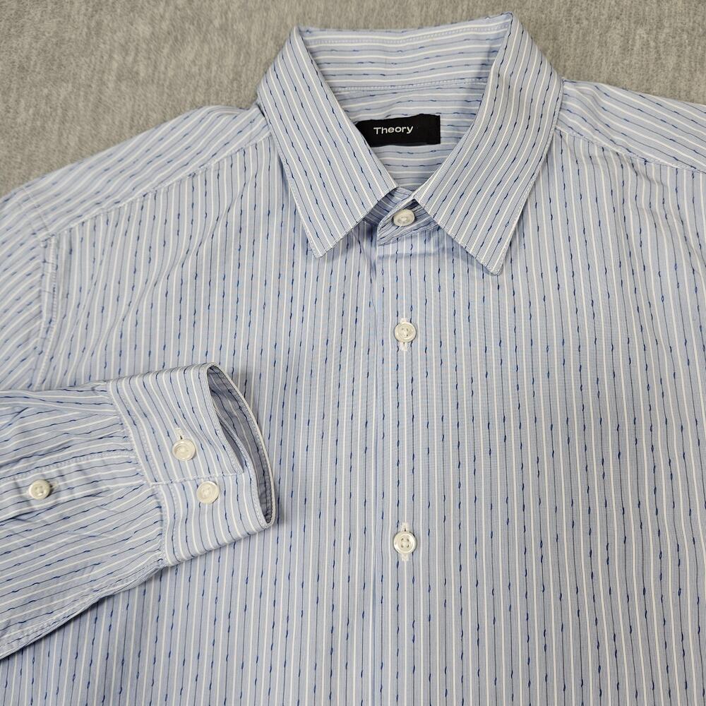 Theory Shirt Mens 15 R Blue Cedrick Slub Stripe Button Down Dress